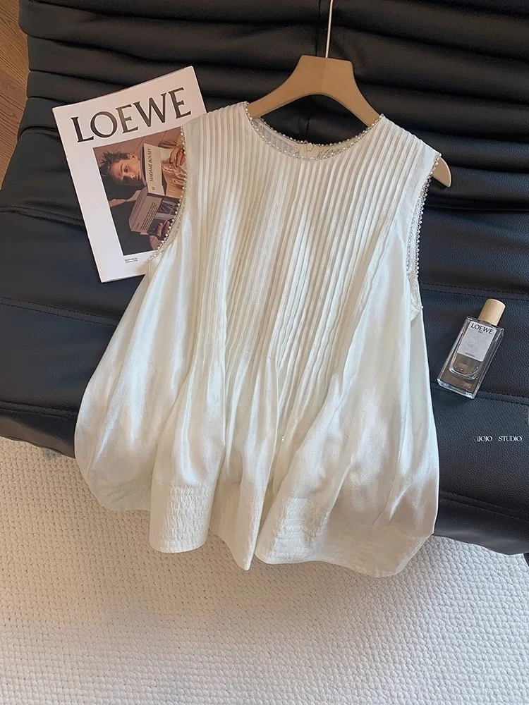 

Elegant Sleeveless Vest Women's Summer Shirt Beautiful Splicing Simple Style Slimming Top Commute Style Loose Fit round Neck