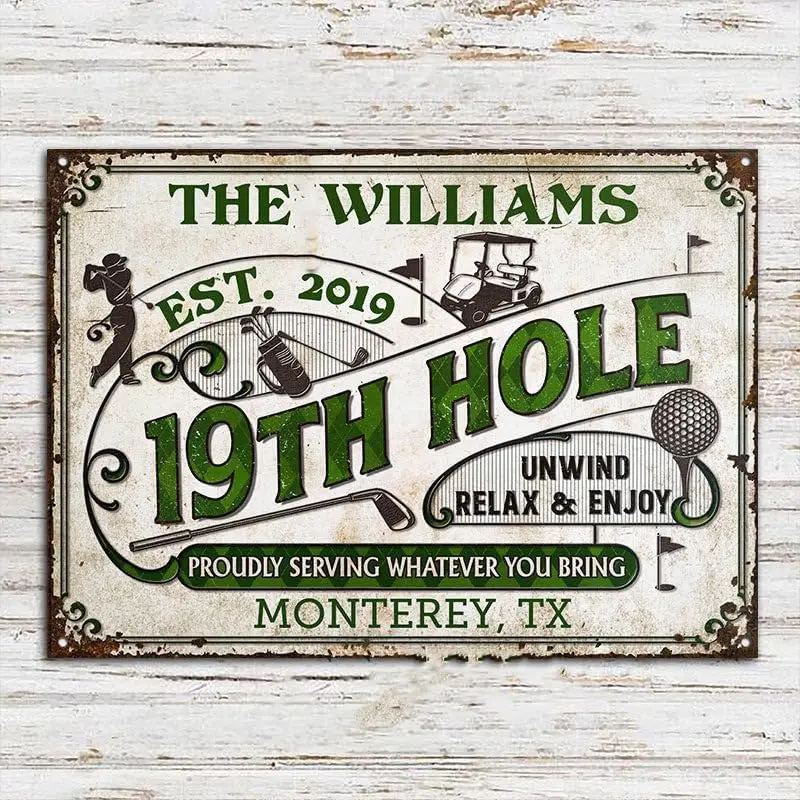 Personalized Golf 19th Hole Classic Metal Signs   Vintage Golf Bar Sign Mancave Decor, Christmas Birthday Golf Gift for Men (Sty