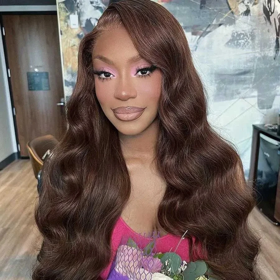 レースフロントウィッグ チョコレートブラウン 13 × 4 HD 透明レースフロント人毛ウィッグ 200% 密度事前摘み取られた生え際