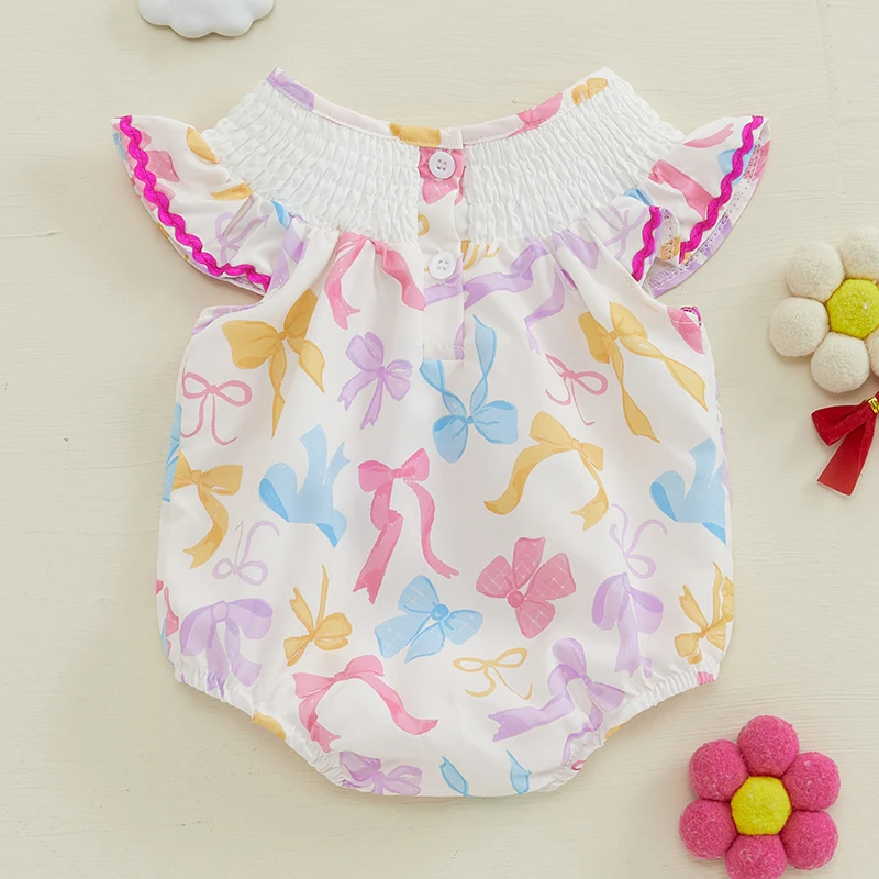 Baby Girl Birthday Romper Ruffle Sleeveless Round Neck Bow Print Smocked Bodysuit Little Girl Playsuit