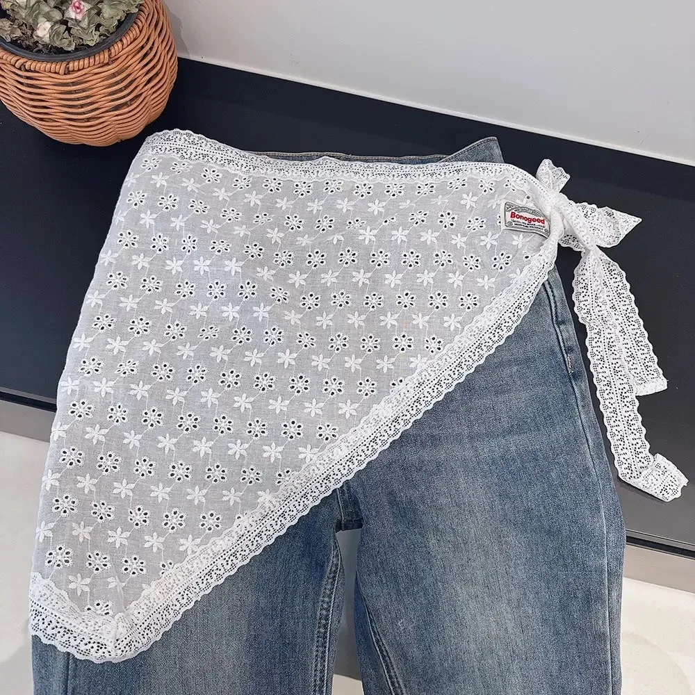 Rok Setengah Renda Manis Modis Rok Kasa Pinggang Tinggi Bordir Bunga Rok Mini Pakaian Luar Y2K Bertali Wanita