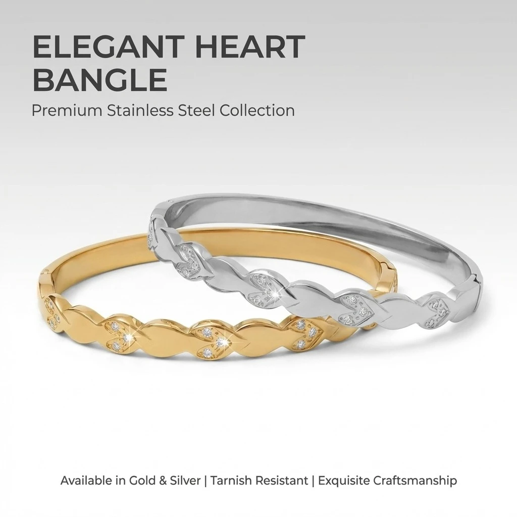 Elegant Gold Color Snap Bracelet, Stainless Steel Zircon Heart Bangle, Luxe Feel Women's Jewelry (60mm Inner Diameter)