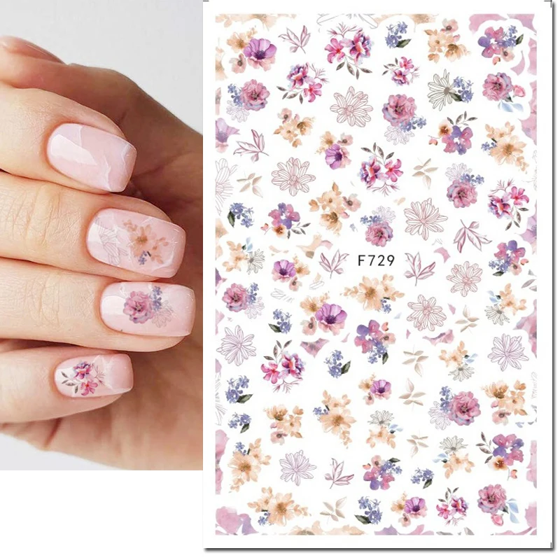 3d Nail Art Decals Purple Pink Dry Botanical Flowers Adhesive Sliders Nail Stickers For Nail Tips Decoration