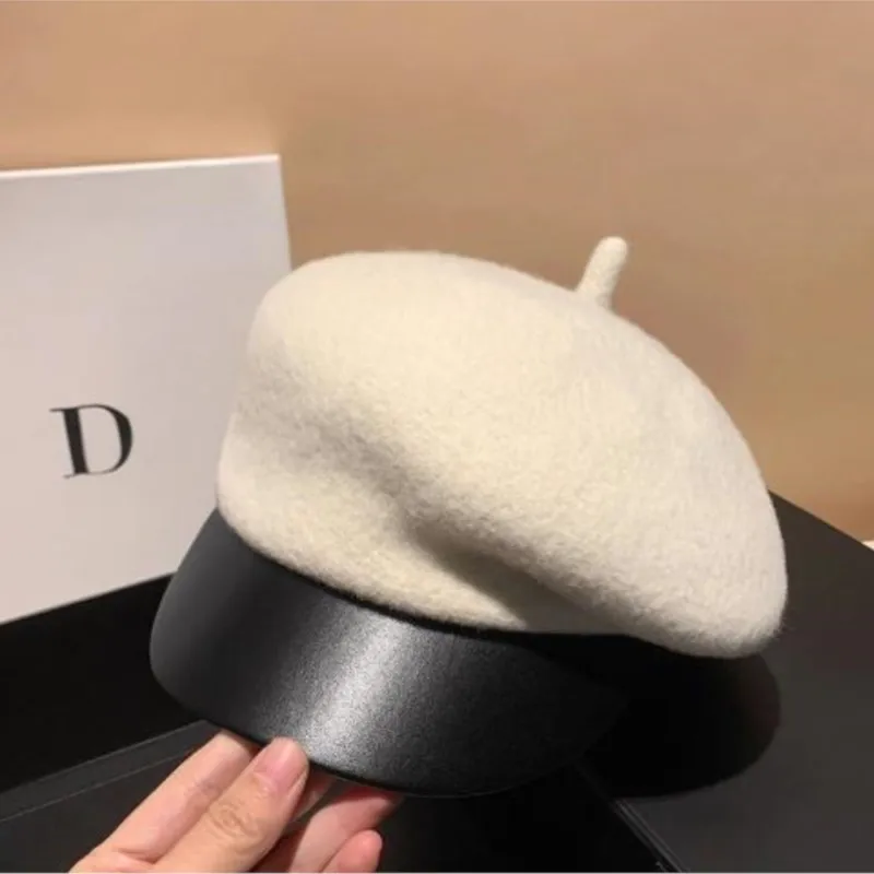 

Black artistic beret for women to show off their faces small baseball cap versatile leather brim octagonal