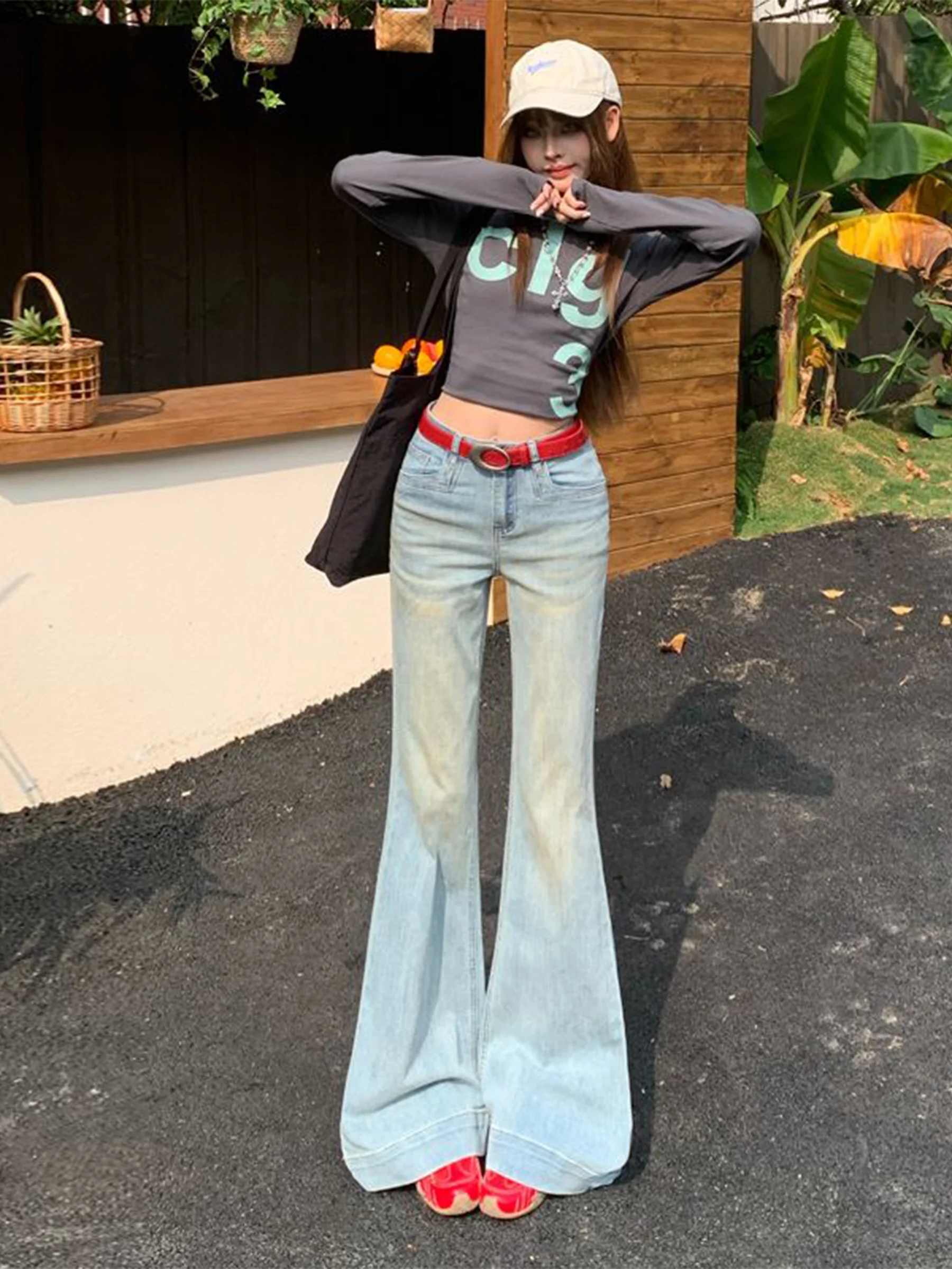 

Светло-голубые женские джинсы буткат в американском стиле, облегающие, с эффектом потертости, летние, повседневные, с высокой талией, из смесового хлопка и полиэстера