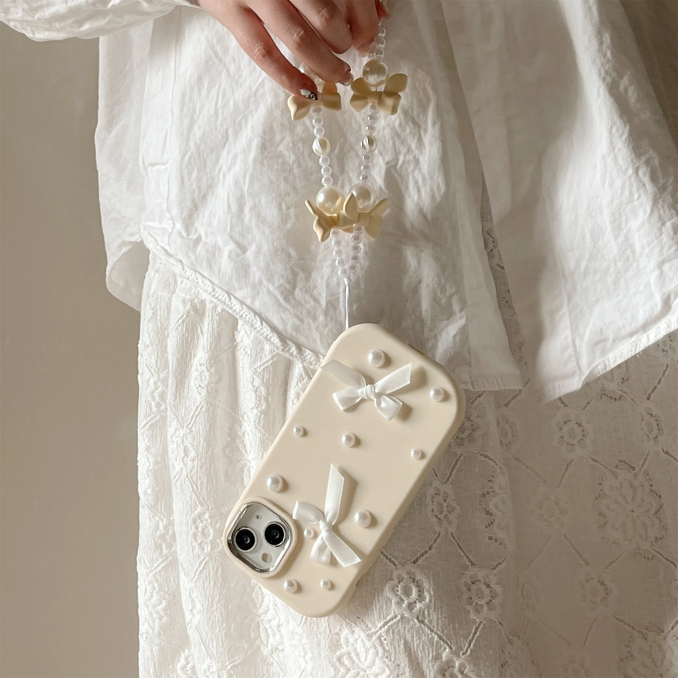 For iPhone 15 14 13 12 11 Pro Max Case 3D Pearl Bowknot Drop-proof Silicone Protective Cover image 2