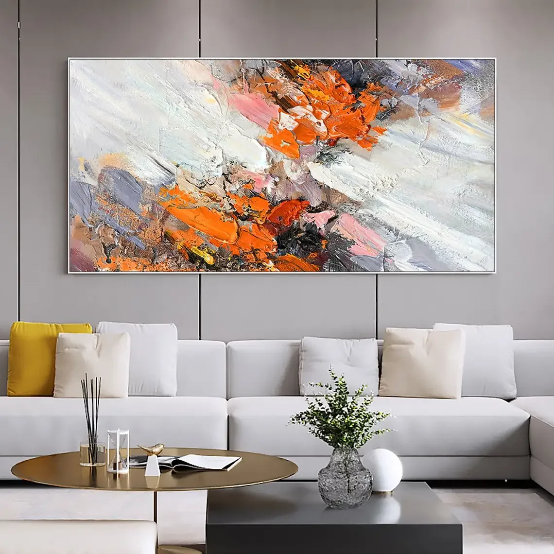 Pintura al óleo con textura gruesa abstracta naranja sobre lienzo, pintura acrílica personalizada minimalista moderna, arte De pared grande para sala De estar