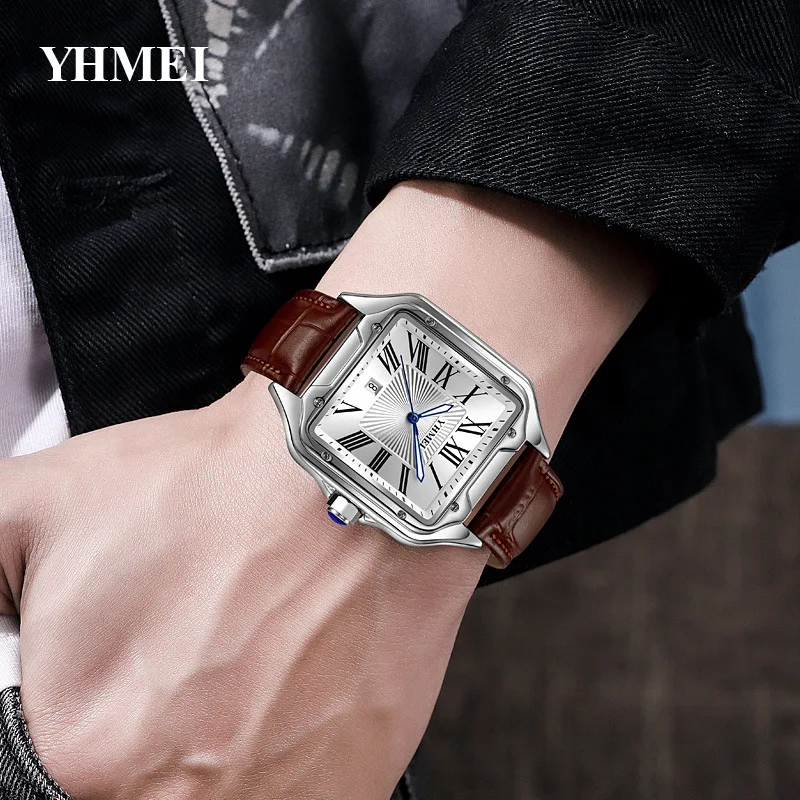 Luxury Watch for Men Square Rectangle Reloj Sliver Orologio Black Leather Band Stainless Steel Quartz Wristwatch Male Man Clock