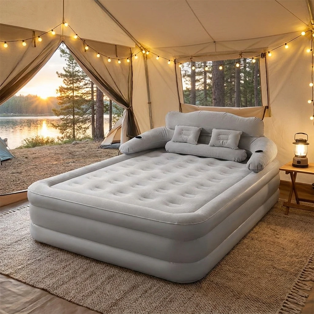 Zusätzliche, zusammenklappbare, aufblasbare Matratze, tragbare Outdoor-Bettware für Camping und Picknicks im Innen- und Außenbereich.