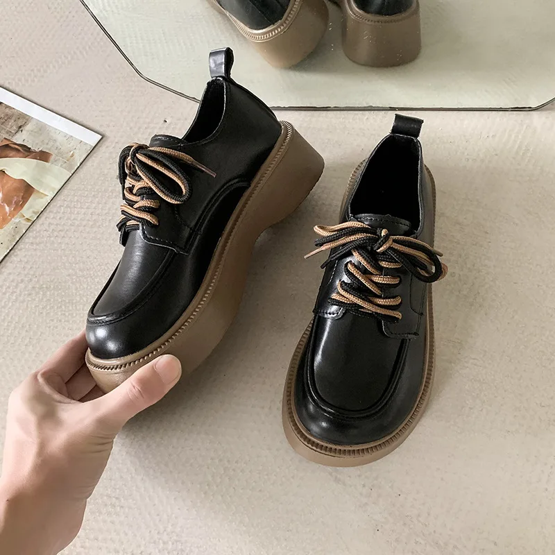 Woman Loafers 2024 Autumn College Style Double Shoelaces Tied with Skirts Leather Shoes Thick Soled Single Shoes Casual Loafers