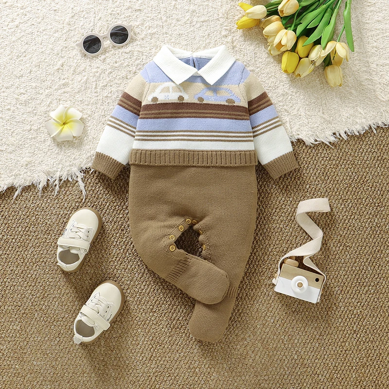 

Baby Romper Knit Newborn Girl Boy Jumpsuit Long Sleeve Foot Wrap Fall Infant Kid Clothes 0-12M Fashion Striped Overalls Playsuit