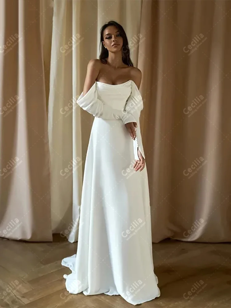 Basit saten gelinlik A-Line kapalı omuz gelinlikler o-boyun Backless elbiseler resmi parti için 2024 Vestidos De Vestidos