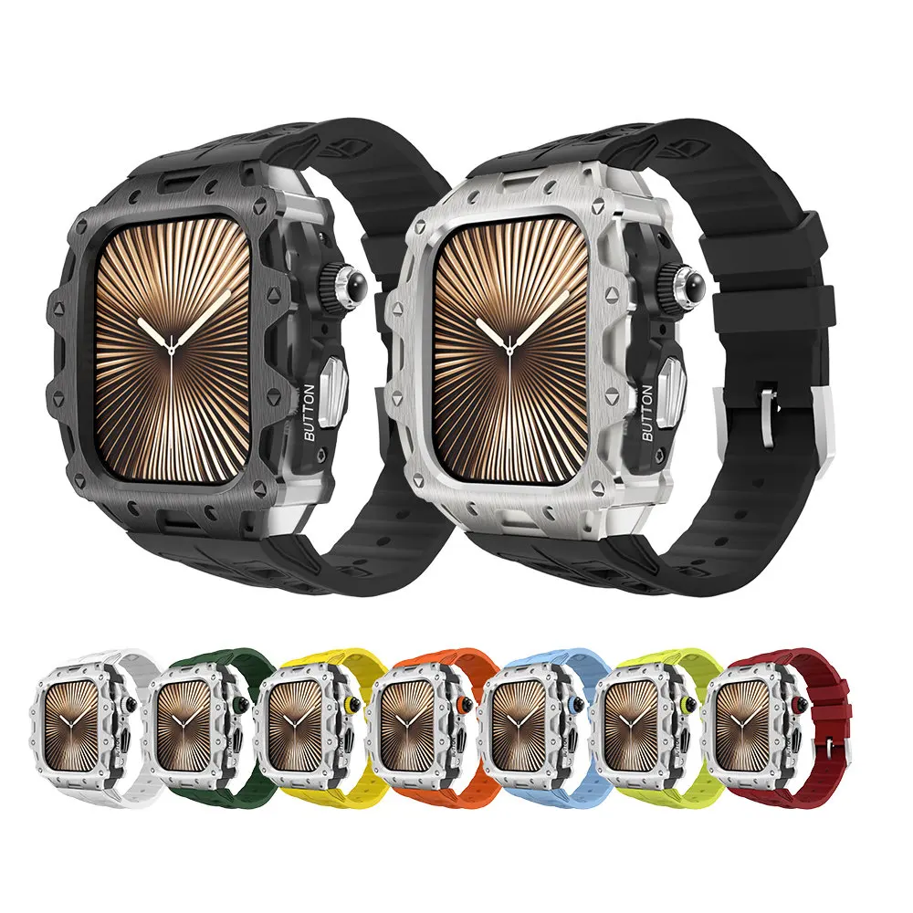 Premium Metal Bezel Case Silicone Strap AP Mod Kit for Apple Watch Series 10 iWatch 46mm