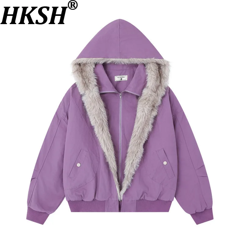 

HKSH 2025 Winter New Women Padded Coat Hooded Zipper Faux Fur Collar Patchwork American Retro Fashion Warm Wadded Jacket HK13611