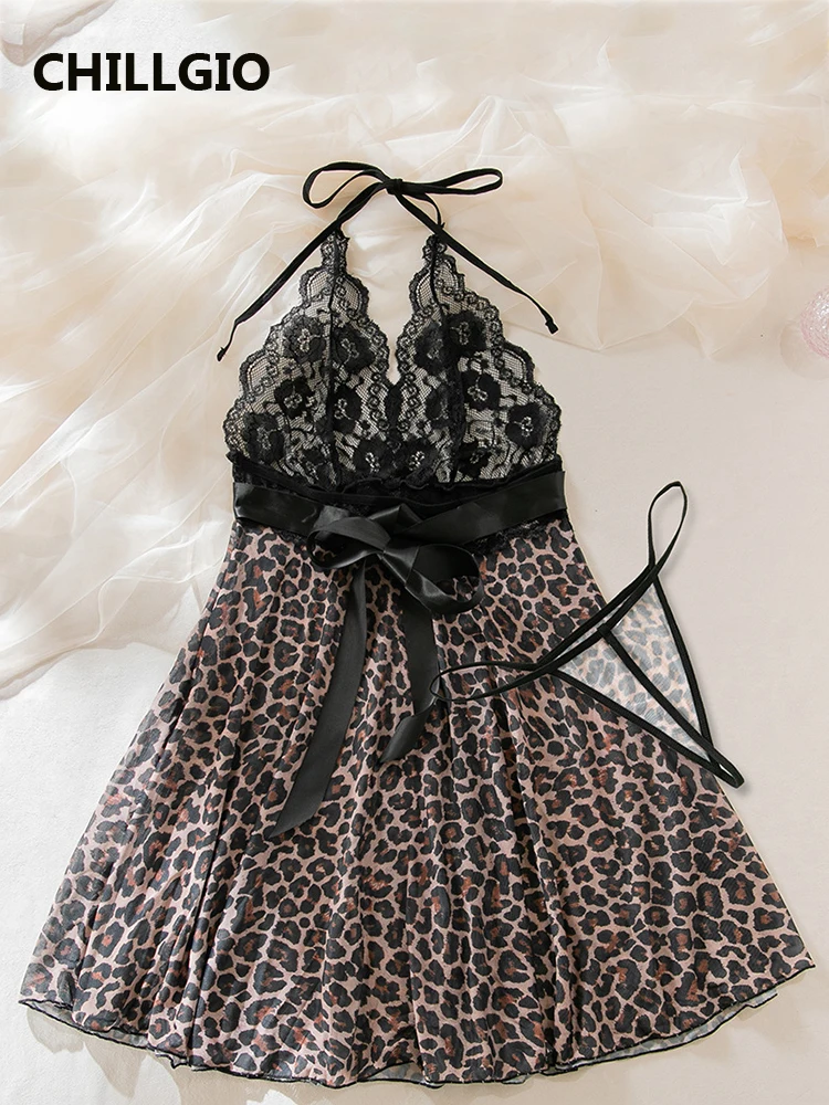 CHILLGIO Women Leopard Mini Dress Sexy Halter Backless Dresses Erotic Lingerie Bow Nightgown Thong Two Pieces Fasion Adlut Dress