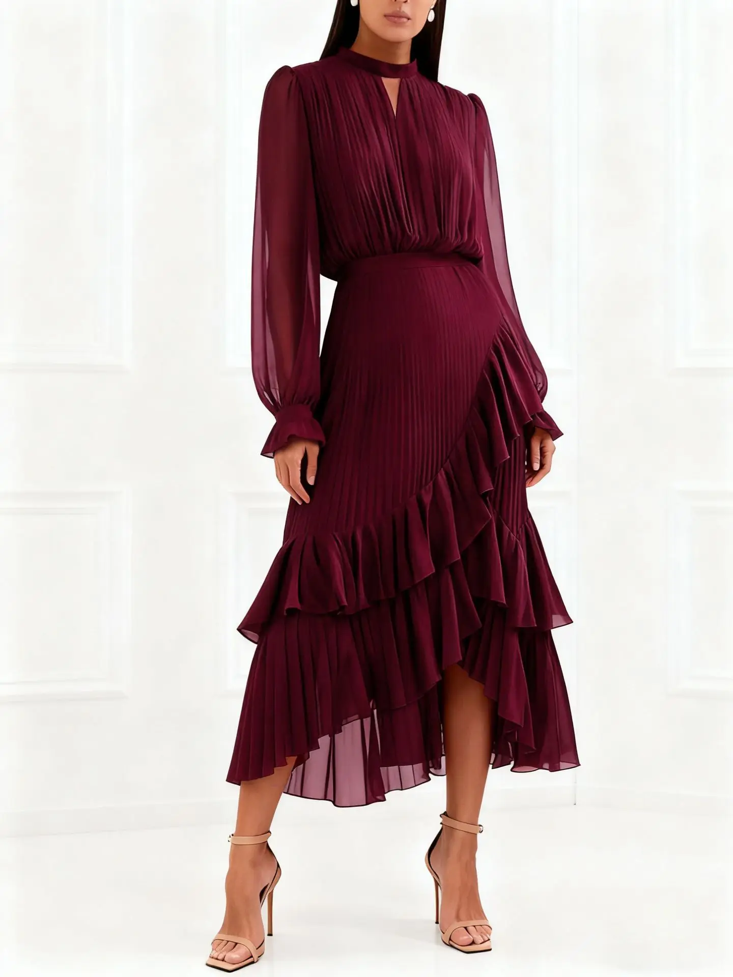 LGRQ 2026 Summer New Solid Color High Waist Dress With Ruffled Hem And Pleats Mid-Length Party Evening Gown