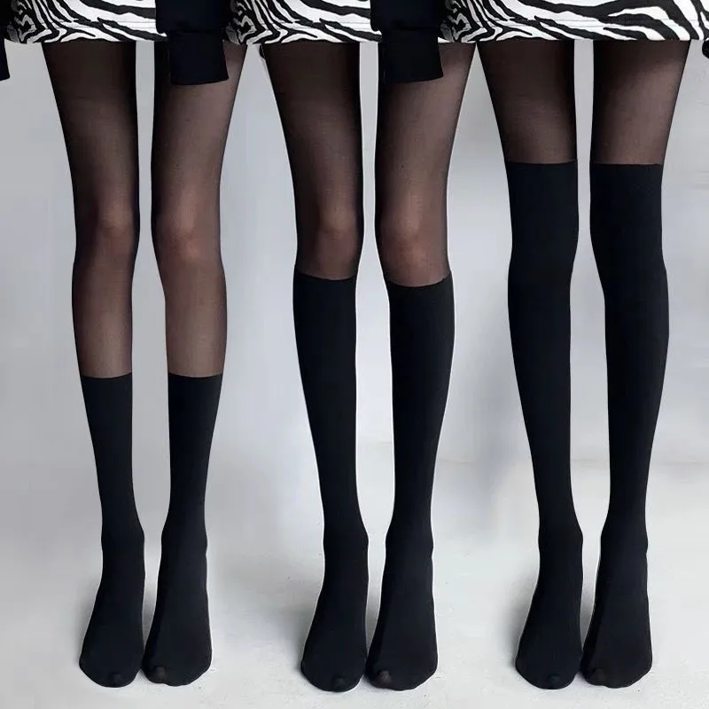 

Women Black and White Stitching Fake Medium Tube Lolita Stockings JK Leg Socks Pantyhose Sexy Elasticity Nylon Stockings CTW014