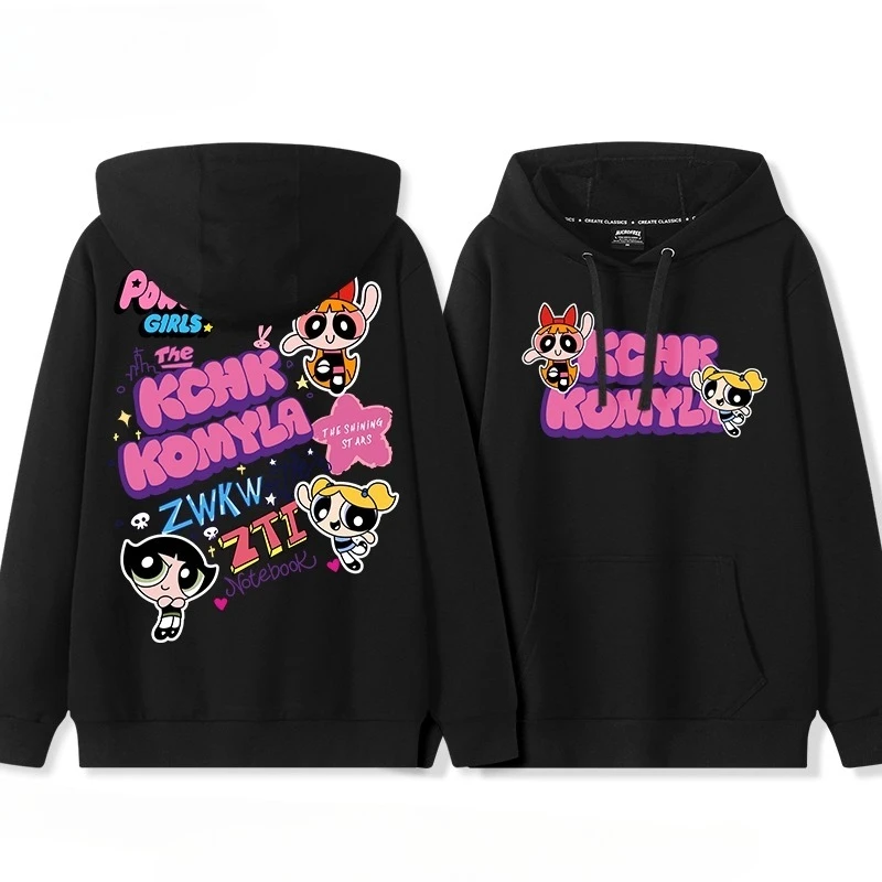 لطيف هزلية Powerpuff الفتيات زهر فقاعات Buttercup طباعة زوجين معطف بقلنسوة في سن المراهقة الخريف والشتاء موضة معطف متعدد الاستخدامات