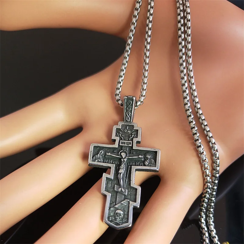 Orthodox Icon Cross Statue Crucifix Pendant Necklace Stainless Steel Grunge Male Chain Necklaces Jewelry collar hombre NZZ293S02