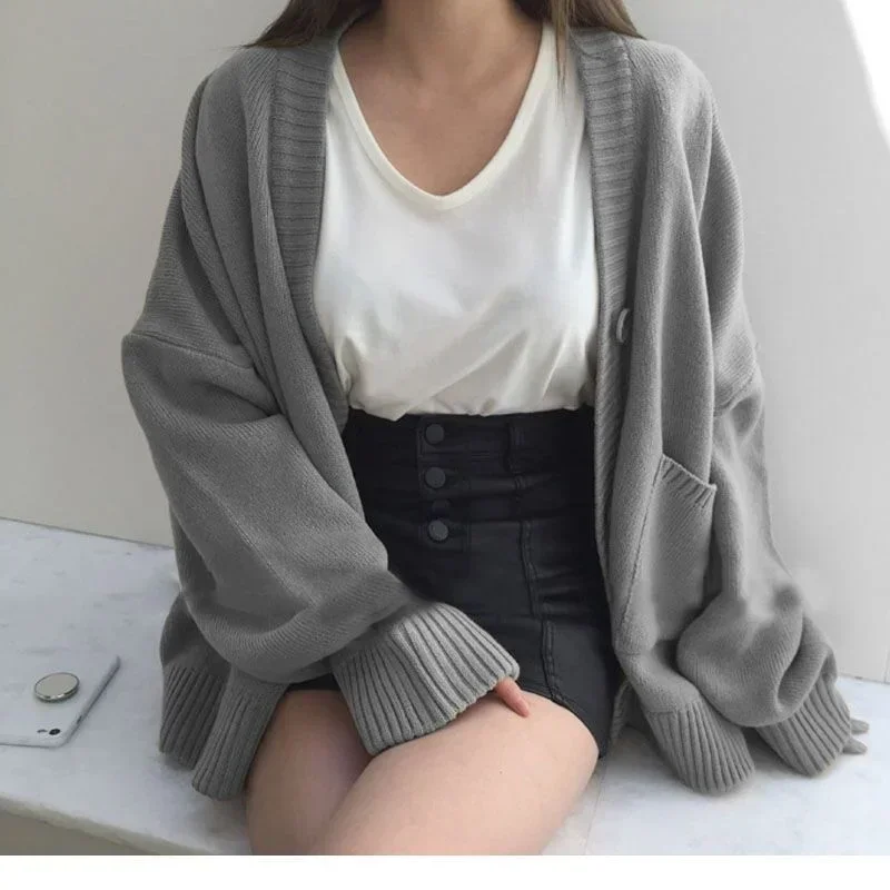 Cárdigan de gran tamaño de Color liso para Mujer, ropa de Otoño Invierno, suéter informal elegante de punto grueso, Tops, jersey para Mujer