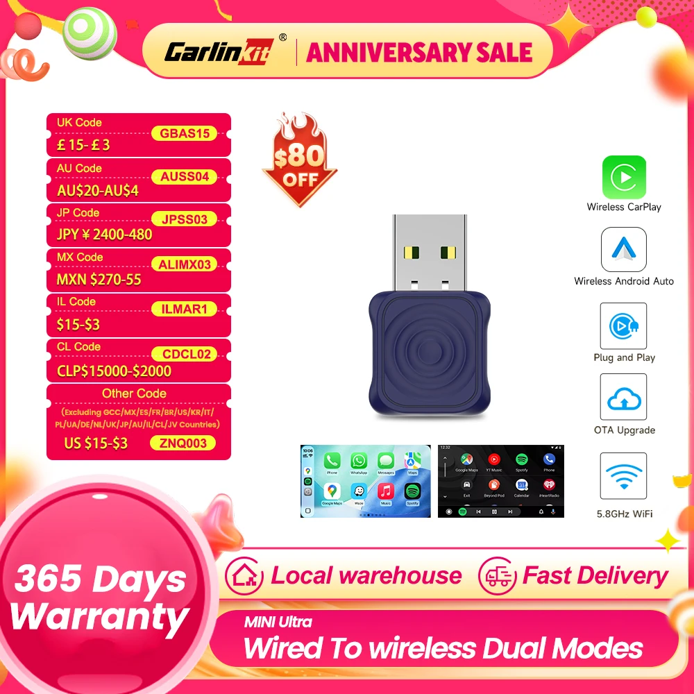 

CarlinKit MINI Ultra Беспроводной адаптер CarPlay Android Auto Box Проводной к беспроводному USB Plug and Play Бесшовное соединение 5,8 ГГц