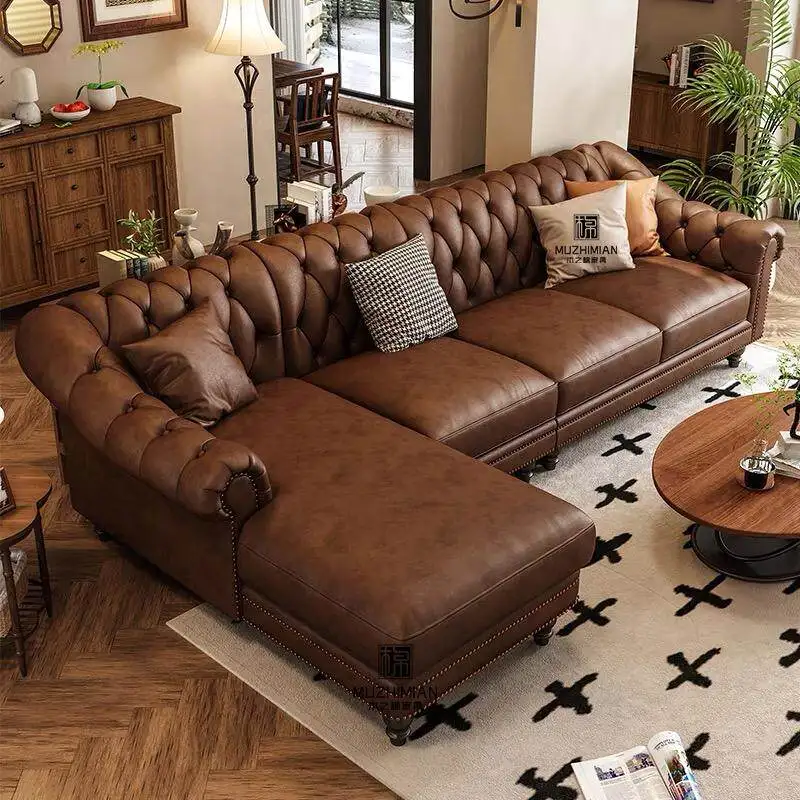 retro leather sofa first layer cowhide corner princess living room home straight row backrest size apartment design