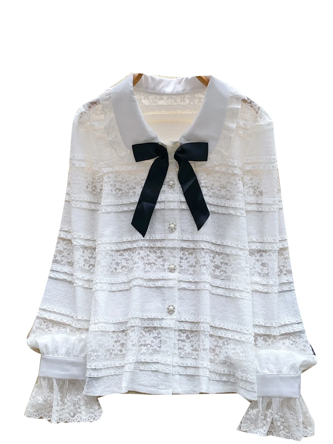 Ele Long Sve Lace irt Damen-Puppenkragen mit dünnem SLE-Knoten, Farbe Bl, Pendelfreundlich, koreanische lockere Passform