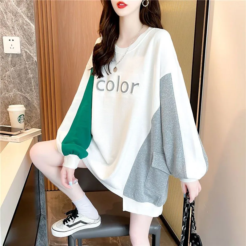 New Spring and Autumn Fashion Korean Edition Panel Contrast Plaid Round Neck Short Loose Versatile Foreigner Long Sleeve Sweater