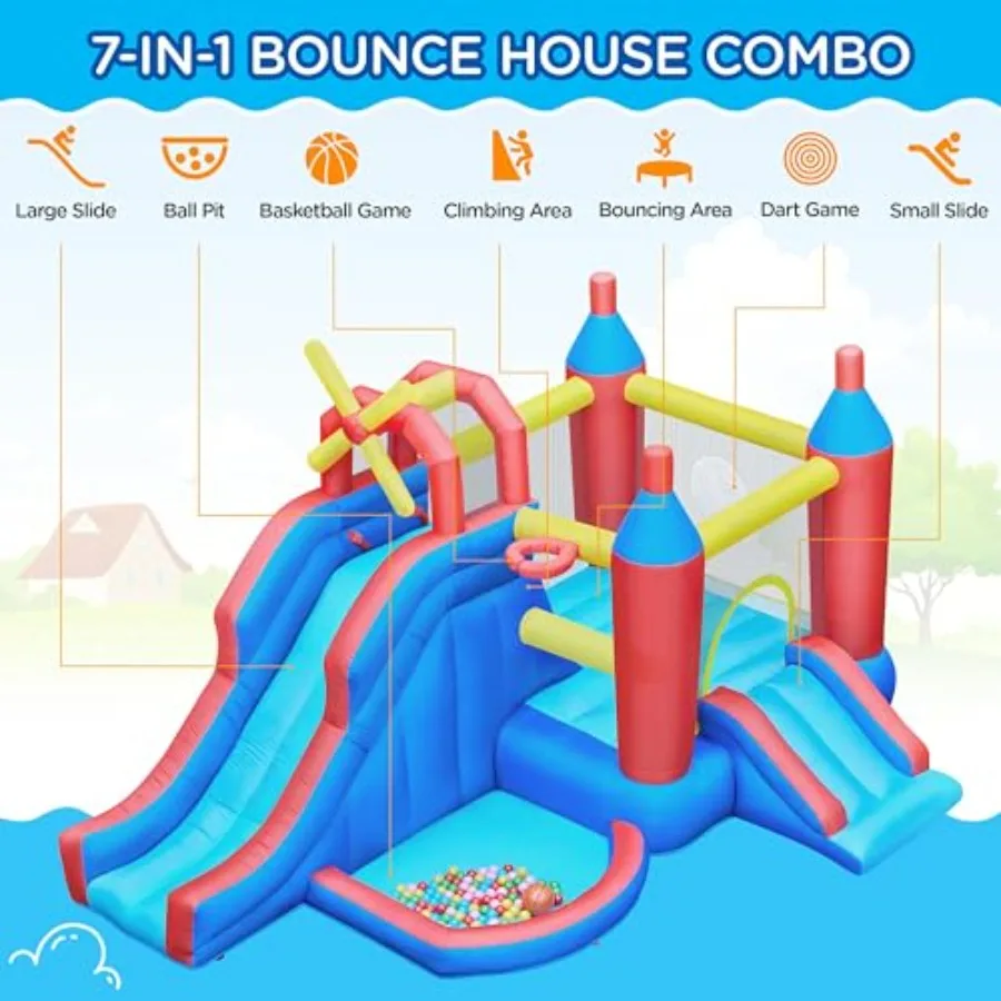 Inflatable Bounce House, 7-in-1 Bouncy Castle Combo w/Ball Pit & Bouncing Area & Slides & Basketball Game & Dart Game, Jump Hous
