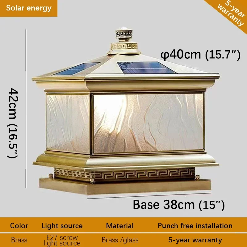 TEMAR Outdoor Solar Post Lamp Vintage Creative Chinese Brass  Pillar Light LED Waterproof IP65 for Home Villa Courtyard