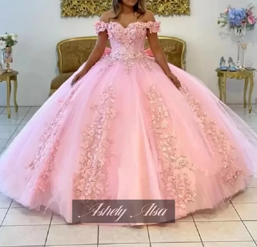 Personalizado rosa vestido de baile fora do ombro flor grande bola saia festa aniversário ocasião vestido de 15 anos quinceanera 16