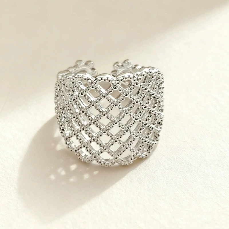 

French Hollow Out Grid Open Ring For Women Trendy Minimalist Niche Classic Elegant Wide Rings Daily Party Jewelry Gifts
