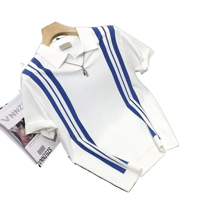 Men's Knitted Business Polo Shirt Summer Ice Silk Breathable Elastic Slim Fit Solid Color Lapel Short Sleeve Knitted T-Shirt Top