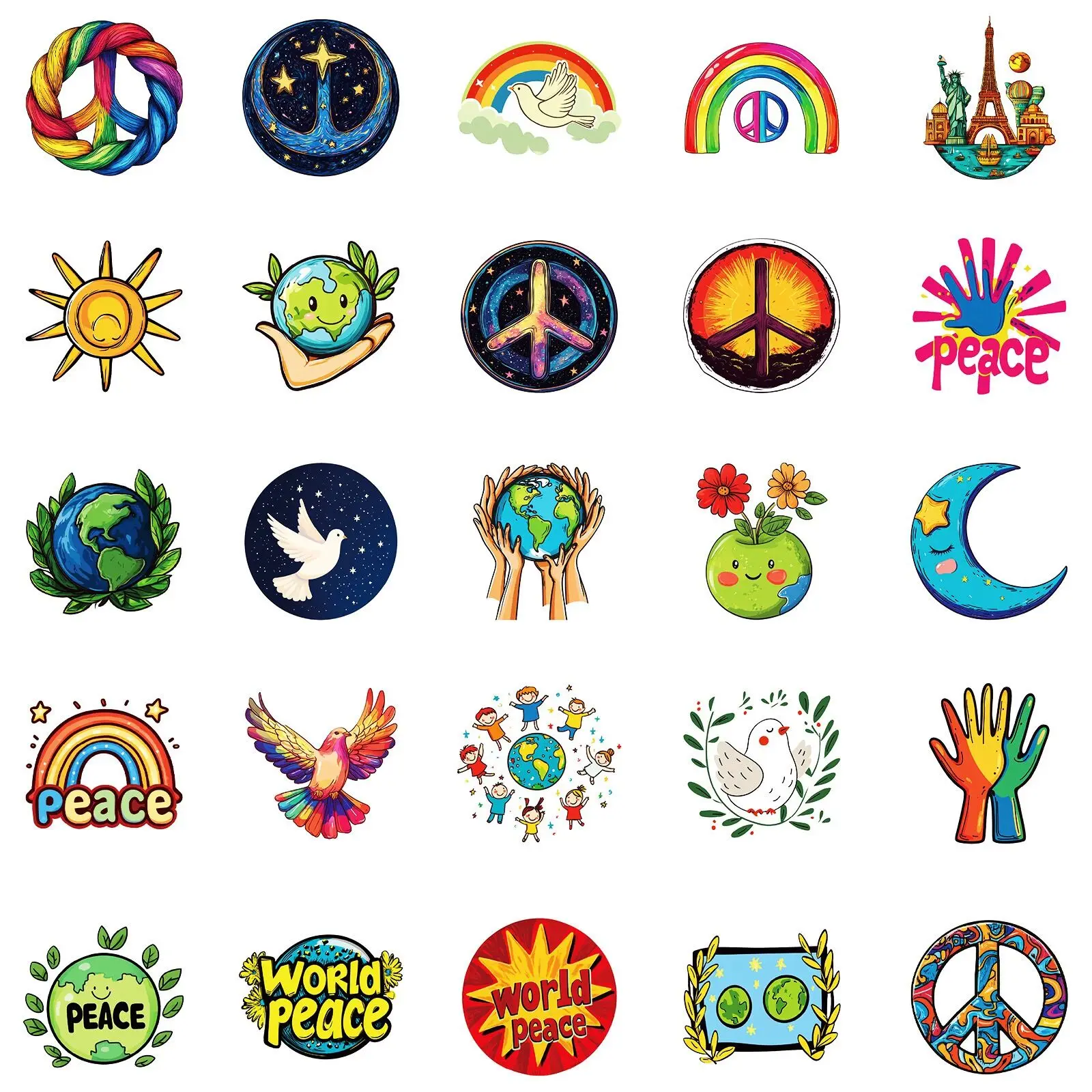 Hippies estilo adesivos para DIY, paz mundial e amor, decalques dos desenhos animados, proteger a terra, decalques para laptop, telefone, bagagem, skates, diário, 10 pcs, 50pcs