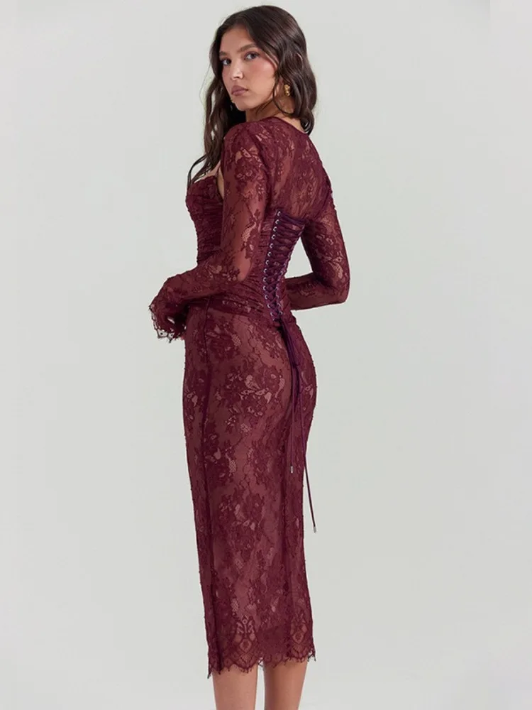 Articat Elegant Lace Patchwork Dress Set 2024 Women New Sexy Long Sleeved Kam Slim High Waist Suspended Dress Set Summer