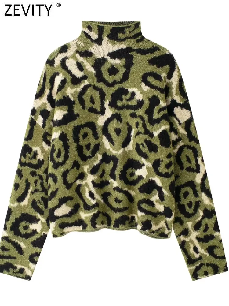 Zevity New Women Fashion Stand Collar Green Leopard Crochet Knitting Sweater Female Chic Long Sleeve Pullovers Coat Tops SW7168