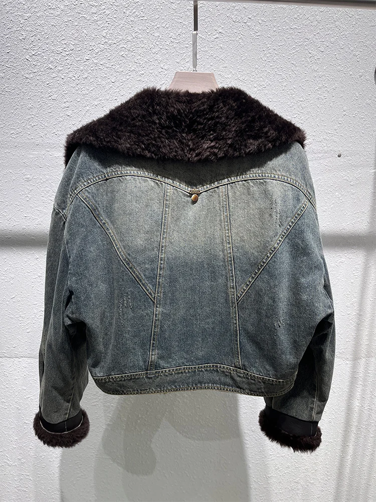 เสื้อแจ็คเก็ตยีนส์บุขนเป็ดสำหรับฤดูหนาว  คอปกขนแกะเมอริโนแท้  เสื้อพัฟเฟอร์ผู้หญิง  เสื้อโค้ทกันหนาวหนาสำหรับผู้หญิง