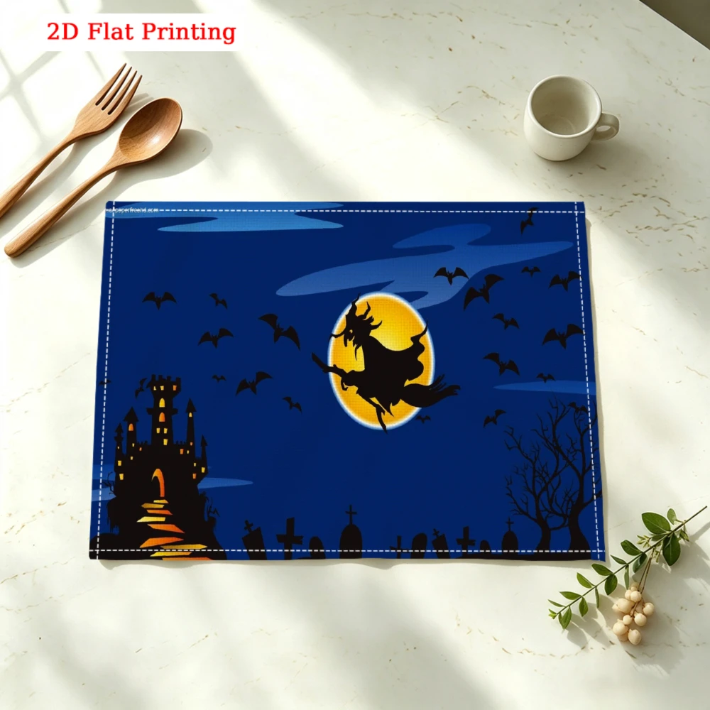 1Pc Halloween Witch Castle Bat Placemat Blue 2D Flat Printing Table Mat Kitchen Dining Decor Protection 30X40Cm