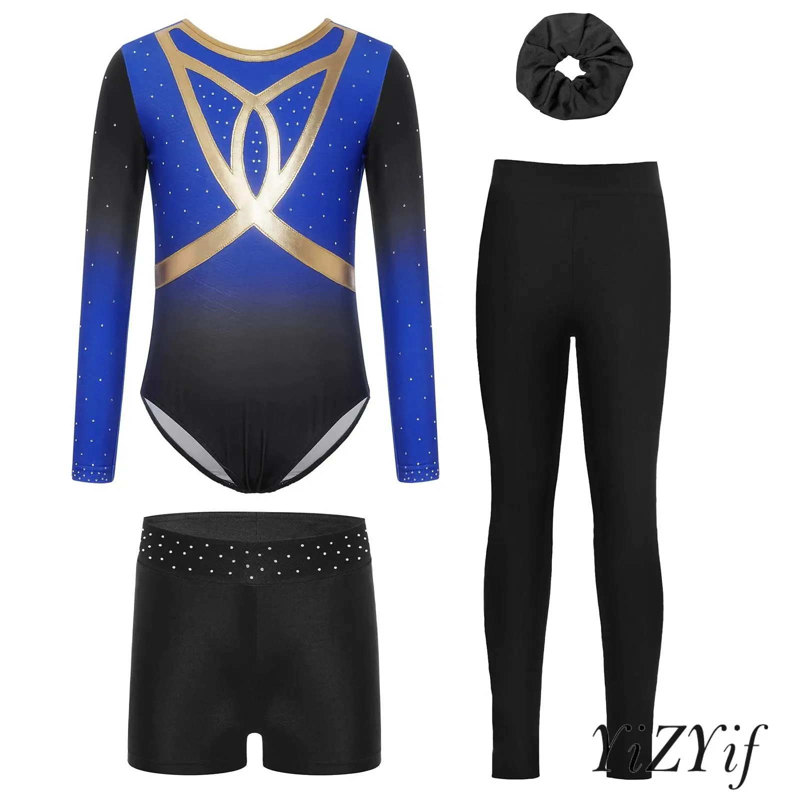 

4Pcs Kids Girls Gymnastics Figure Skating Dance Outfit Long Sleeve Shiny Rhinestones Gradient Color Leotard+Shorts+Hairband Set