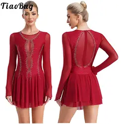 Womens Long Sleeve Figure Skating Dress Sparkly Rhinestone Ballet Tutu Dress Gymnastics Leotard Roller Ice Skating Dancewear
