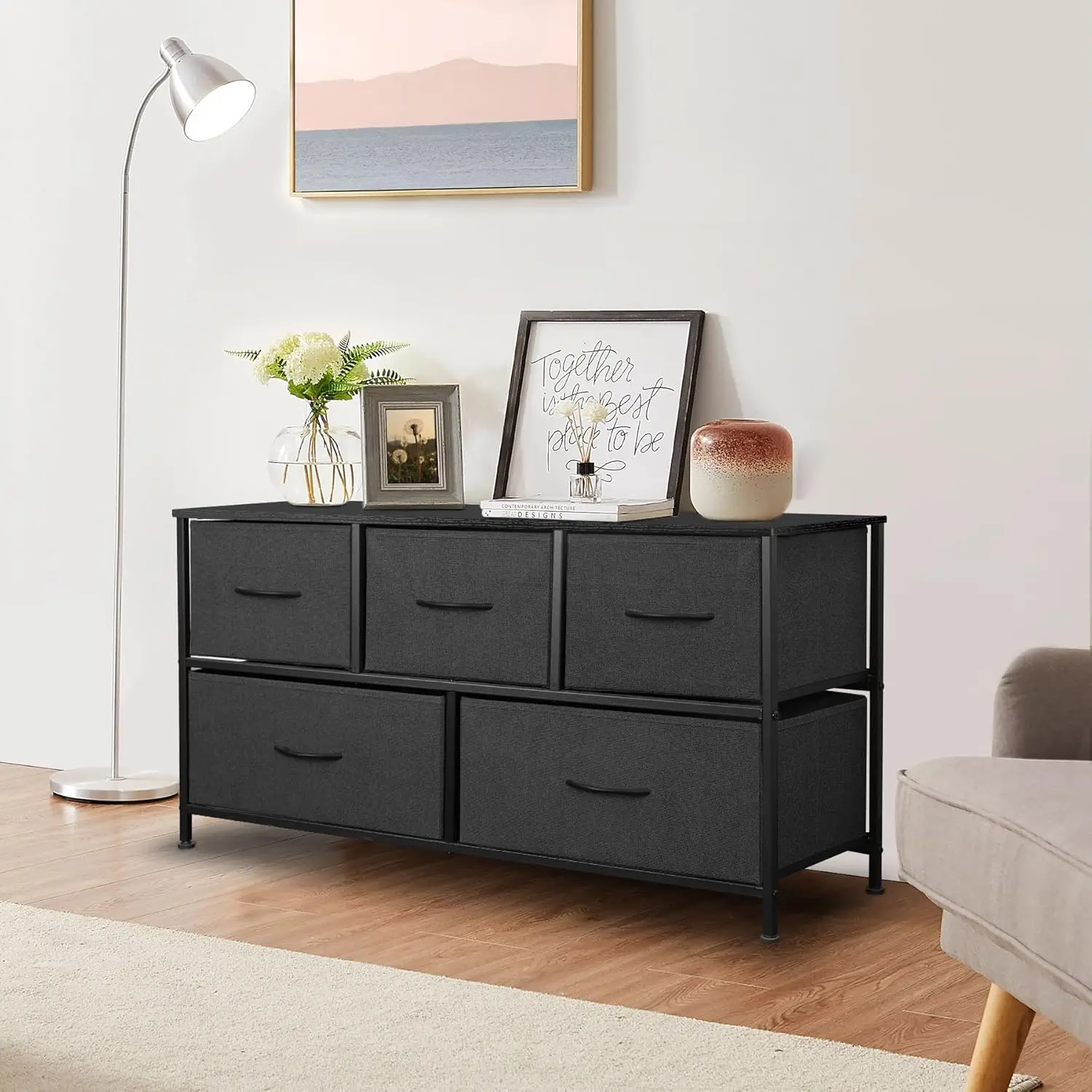 

Dresser for Bedroom with 5 Drawers, Chest of Drawers, Storage Drawers Organizer Unit, Black Wide Fabric Dresser