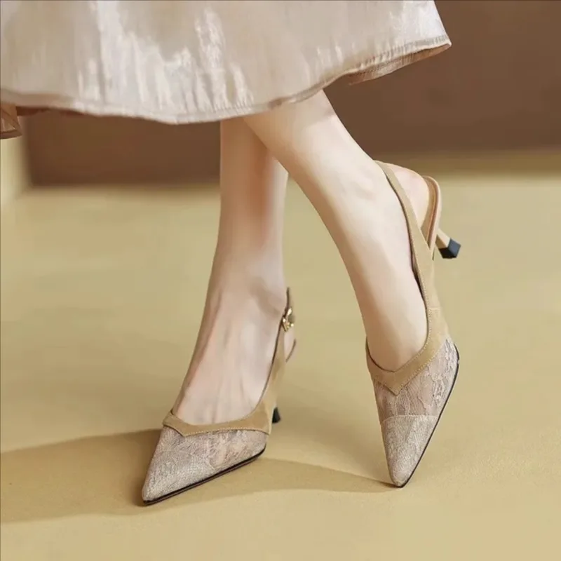 Summer New Pointed Toe Stiletto Woven Mesh Lace Back Empty Wrapped Head Temperament High Heels Sandals Women