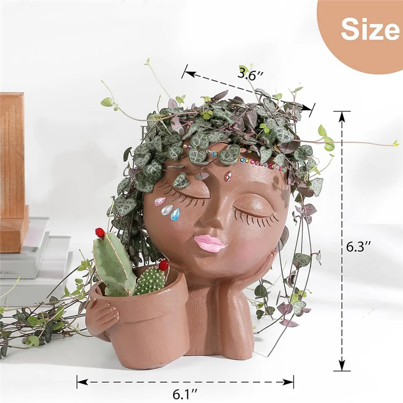 

A74E-Double Plant Pots With Drainage Holes-Face Planter Pots For Indoor Outdoor Plants-Head Planters For Flowers& Succulents