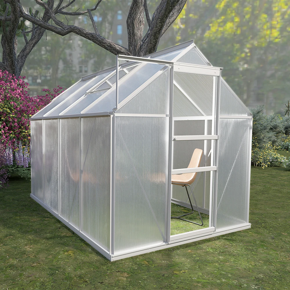 

8' L x 6' W Walk-in Polycarbonate Greenhouse with Roof Vent,Sliding Doors,Aluminum Hobby Hot House for Outdoor Garden Backyard