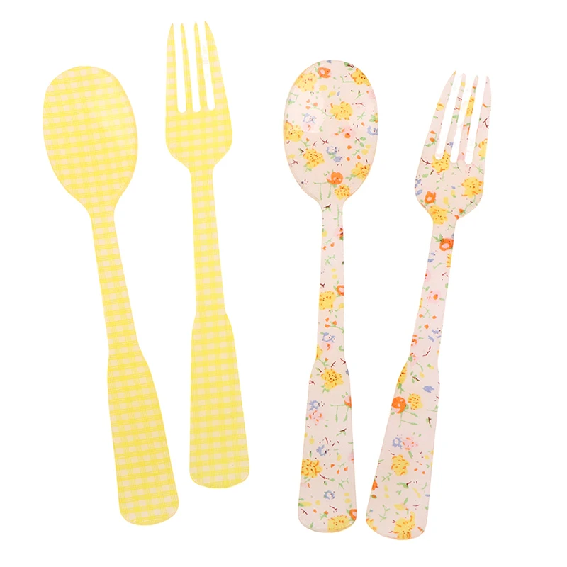 2Pcs/Set French Style Retro Plaid Dessert Spoon Fork Plastic Tea Coffee Mixing Spoon Vintage Drink Tableware Teaspoons