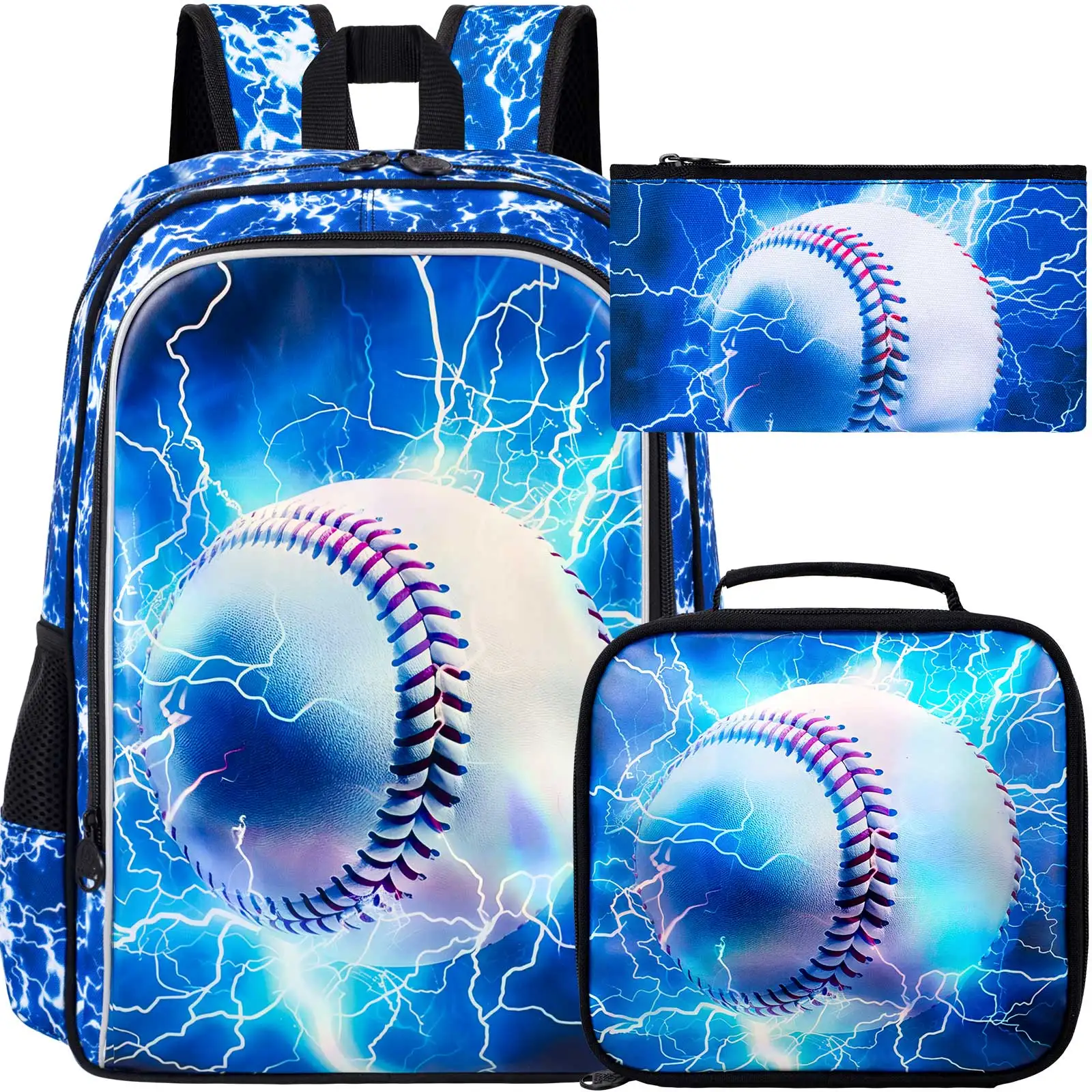 

3PCS Boys Baseball Backpack, Kids Lightning School Bag with Lunch Box, 17" Bookbag for Teenagers Elementary Middle