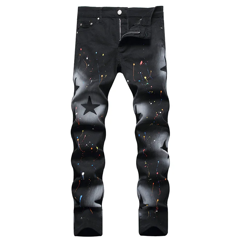 

2024 Autumn New Mens Fashion Black Jeans Spray Painting Slim Straight Jeans High Quality Jean Homme Male Denim Pants