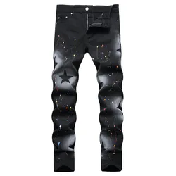 2024 Autumn New Mens Fashion Black Jeans Spray Painting Slim Straight Jeans High Quality Jean Homme Male Denim Pants