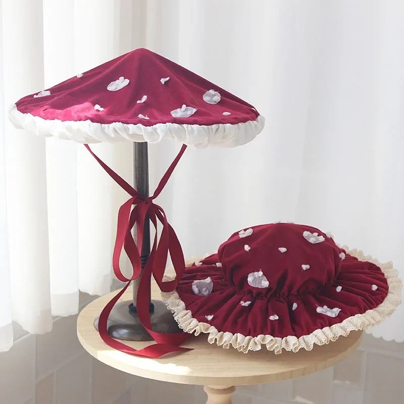 Lolita Cosplay Accessories Burgundy Mushroom Hats Bucket Cap Cute Umbrella Bb Mushroom Hats for Women and Children