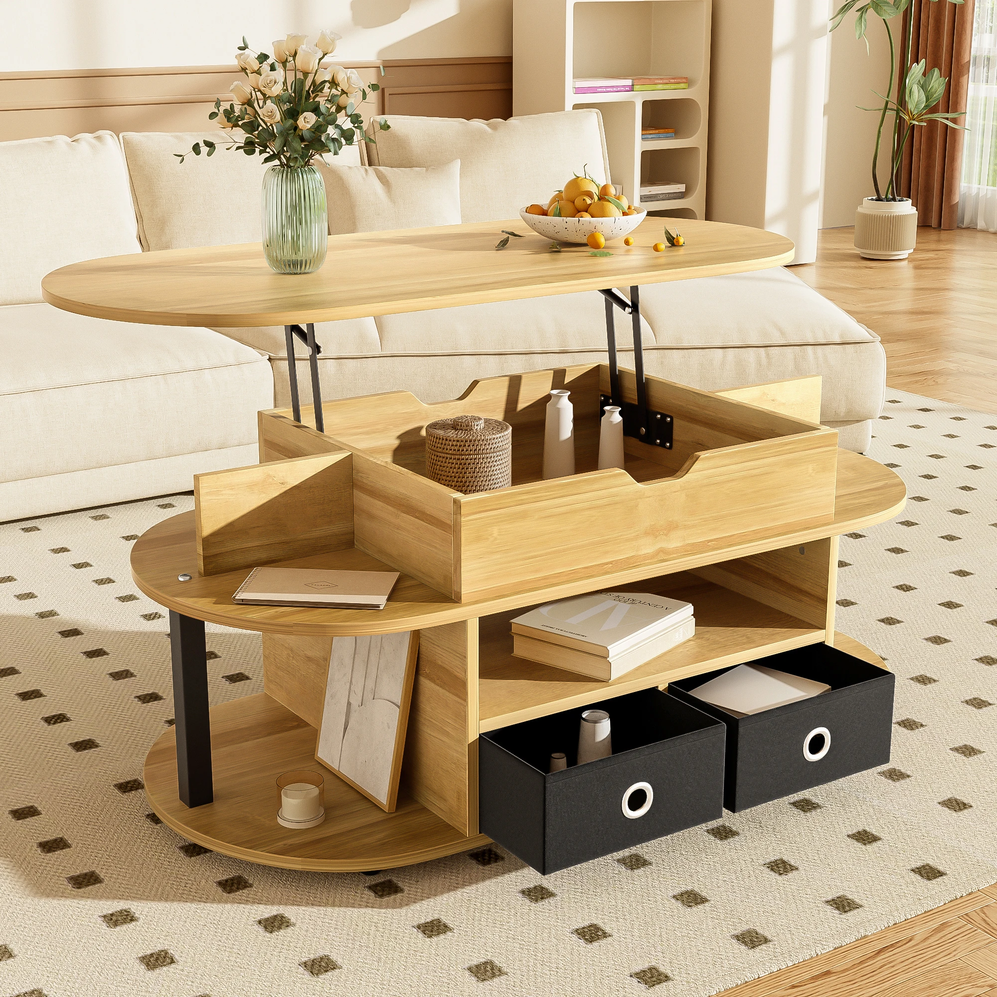 Moderner Holz-Couchtisch mit Hebefunktion, Stauraum und schwarzen Stoffschubladen – vielseitig, stilvoll und praktisch – Detail 1
